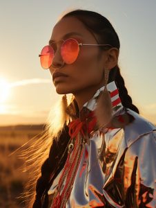 "Waiting on the Bright Future" Native fashion shoot created with Midjourney the AI artbot