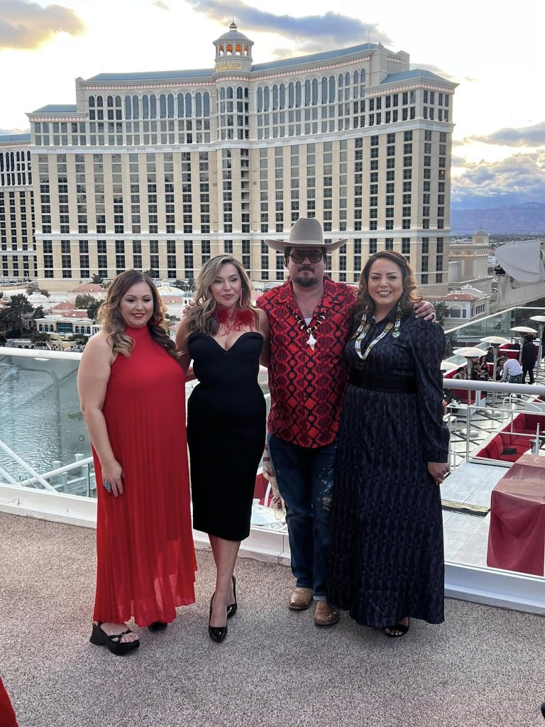 Angela Parrish of Choke Cherry Creek, Kayla Looking Horse of K.Lookinghorse, Dante Biss-Grayson of Sky Eagle Collection, and fashion show producer Cora Kay Chandler