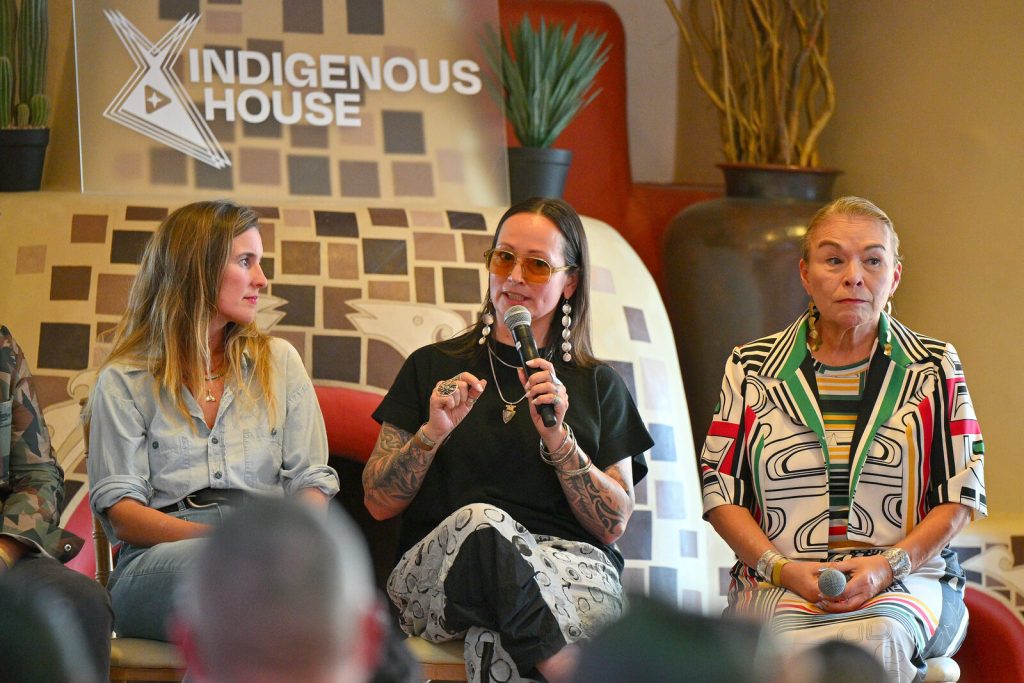 Tlingit artist and jewelry designer Jennifer Younger speaks during the Fashion and Culture panel