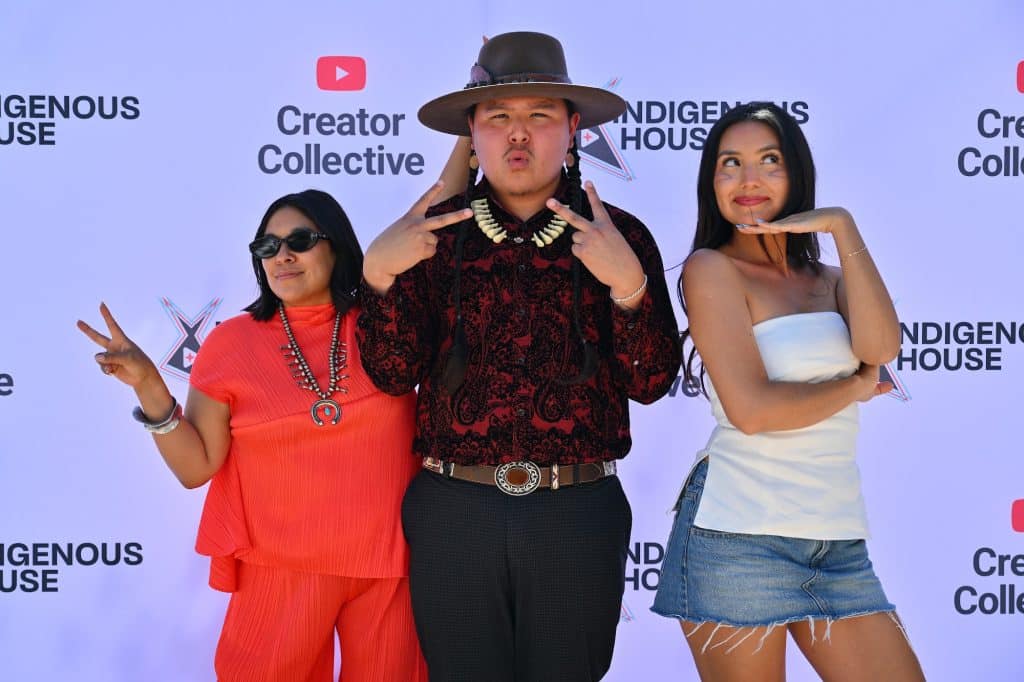 (L-R) Indigenous House Head of Content & Community Jade Begay, Anishinaabe content creator, educator, speaker and youth advocate Eagle Blackbird and Inuk content creator Shina Nova attend the Indigenous House Indigenous Creator's Summit on August 14, 2026 in Santa Fe, New Mexico.