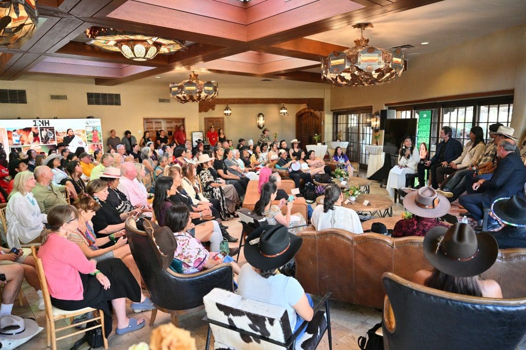 Founder of Indigenous House Crystal Echo Hawk (L) moderates the Gangland Film Panel on August 14, 2026 in Santa Fe, New Mexico.