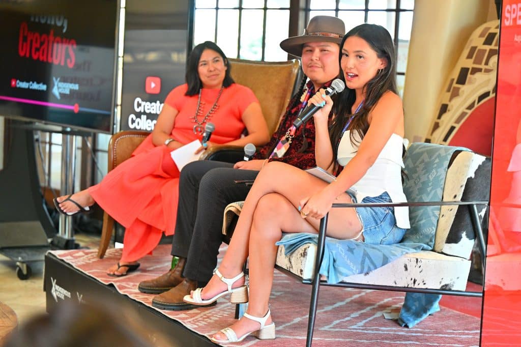 Inuk content creator Shina Nova (R) speaks during the Indigenous House Indigenous Creator's Summit on August 14, 2026 in Santa Fe, New Mexico.