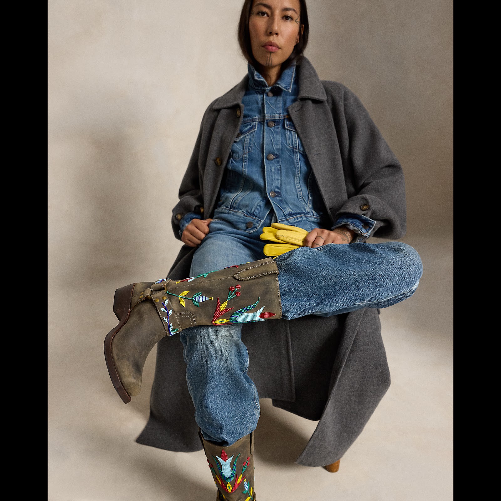 Quannah ChasingHorse wearing the Leather Medicine Boot.