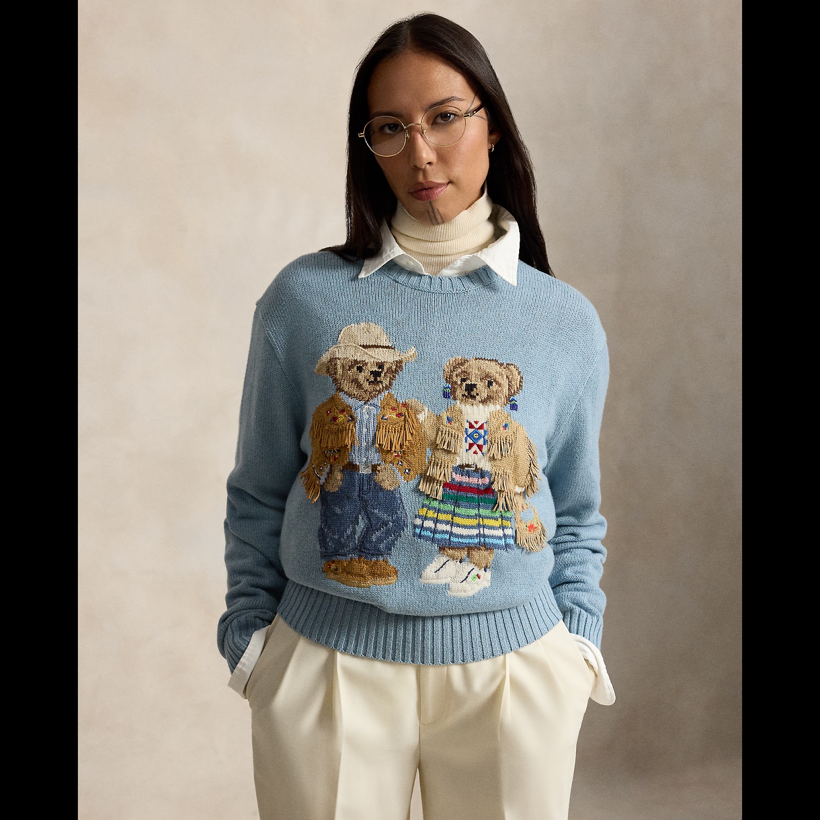 Quannah ChasingHorse wearing the Polo Ralph Lauren x TÓPA Polo Bears Sweater.